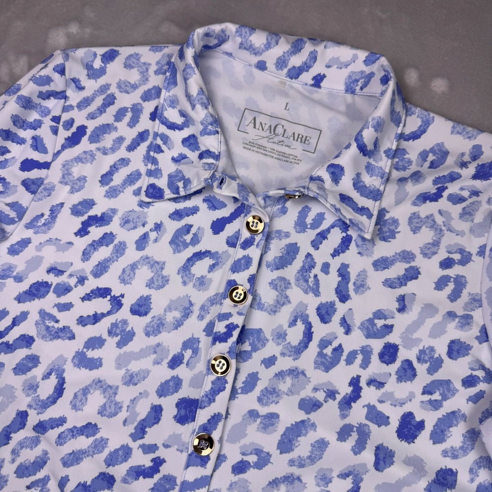 AnaClare Active Blue‎ Leopard Print Polo Dress SPF50 Ruffle Sleeve Womens Large
